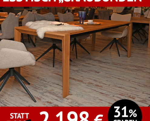 Esstisch GRAUBÜNDEN, Wildeiche massiv, 4-Fuß-Tisch, ausziehbar, Äste und Risse ausgekittet