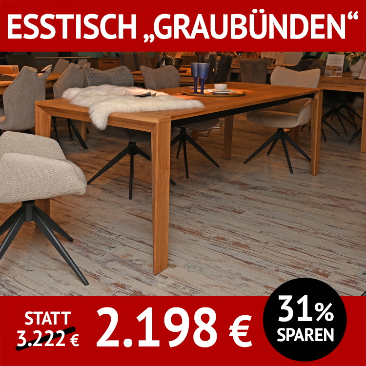 Esstisch GRAUBÜNDEN, Wildeiche massiv, 4-Fuß-Tisch, ausziehbar, Äste und Risse ausgekittet