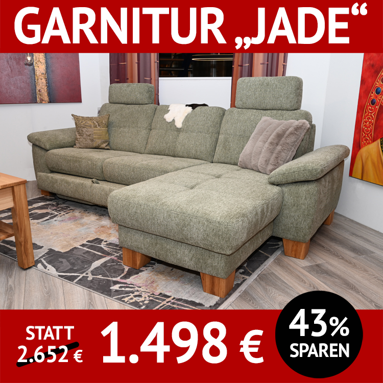 Sofa mit Schlaf-Funktion JADE mit Maxi Longchair, Couchtisch und Sideboard PROVENCE, Birke/MDF, weiss lackiert, Deckplatte massive Eiche