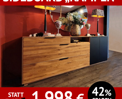 Wohnzimmermöbel, Sideboard KAMPEN, massive Holzmöbel für Wohn- und Esszimmer, Siedeboard Wildeiche kombiniert mit schwarz lackiertem Glas
