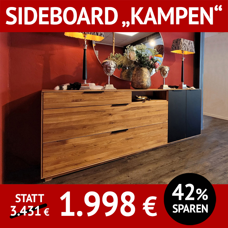 Wohnzimmermöbel, Sideboard KAMPEN, massive Holzmöbel für Wohn- und Esszimmer, Siedeboard Wildeiche kombiniert mit schwarz lackiertem Glas
