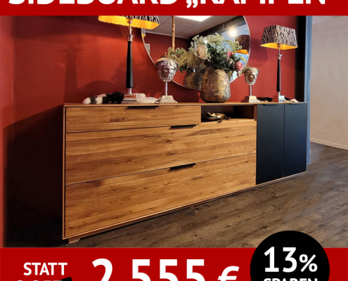 Wohnzimmermöbel, Sideboard KAMPEN, massive Holzmöbel für Wohn- und Esszimmer, Siedeboard Wildeiche kombiniert mit schwarz lackiertem Glas