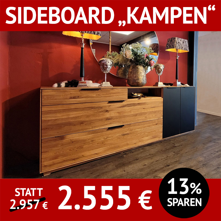 Wohnzimmermöbel, Sideboard KAMPEN, massive Holzmöbel für Wohn- und Esszimmer, Siedeboard Wildeiche kombiniert mit schwarz lackiertem Glas